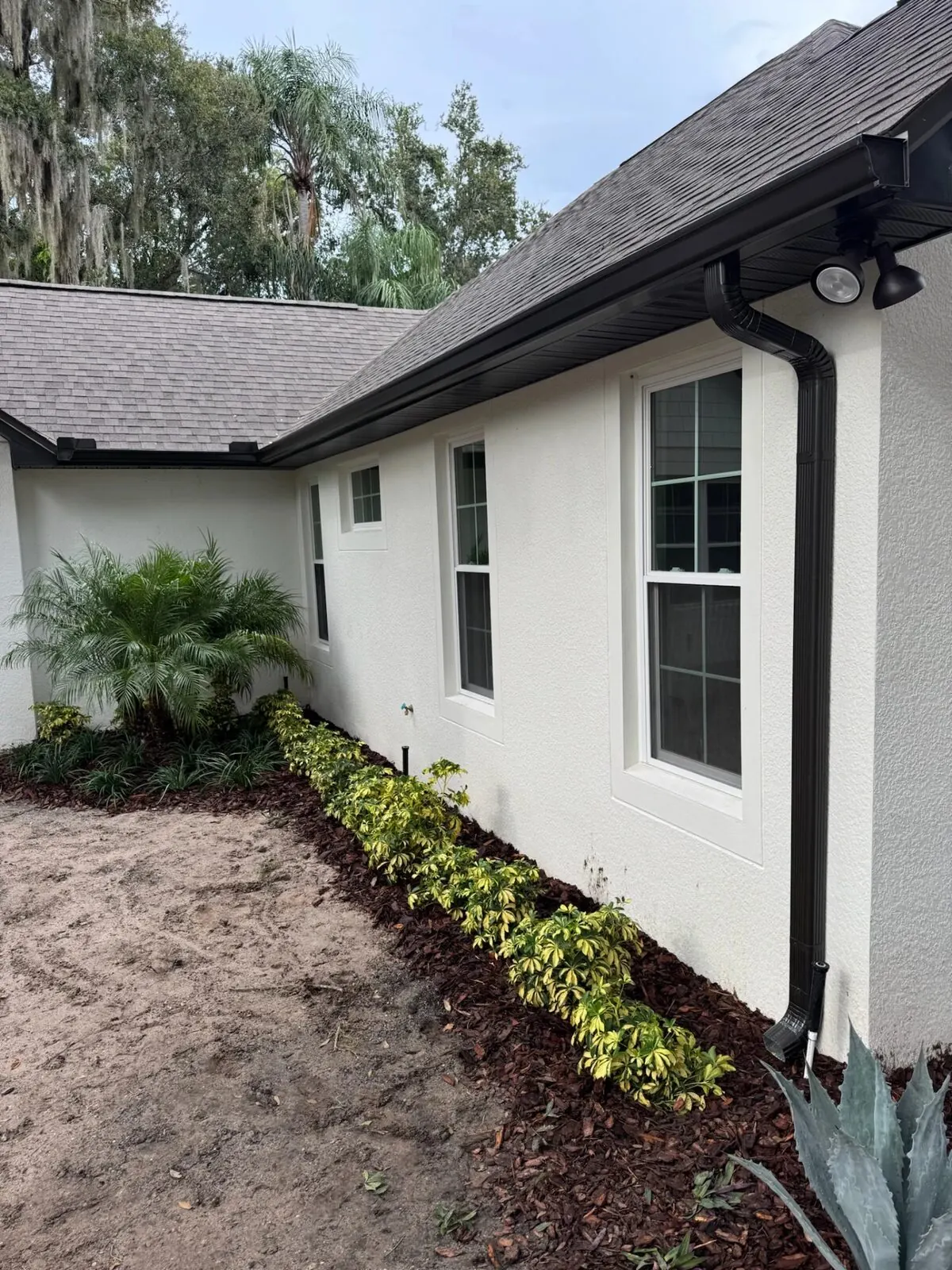 Black gutter and downspout running along a white single-story home